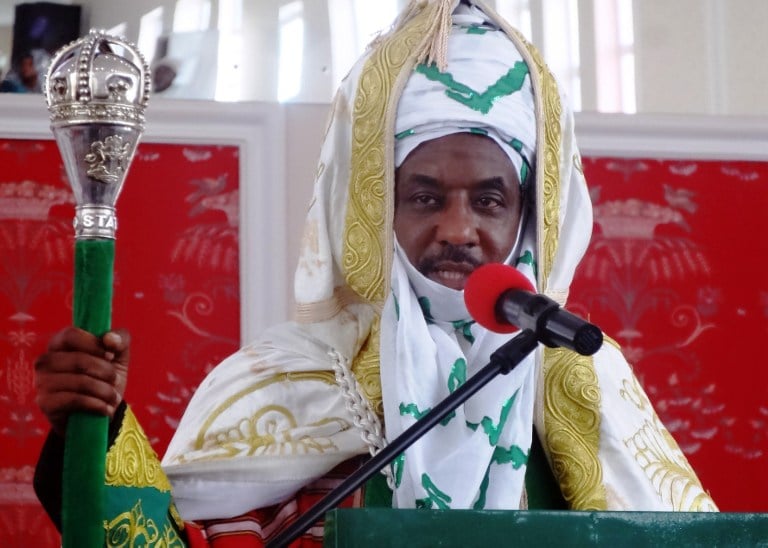 The emir of Kano, Muhammadu Sanusi II, speaks at his coronation as the 57th emir of the ancient Kano emirate in February 2015. Photo: AFP/AMINU ABUBAKAR