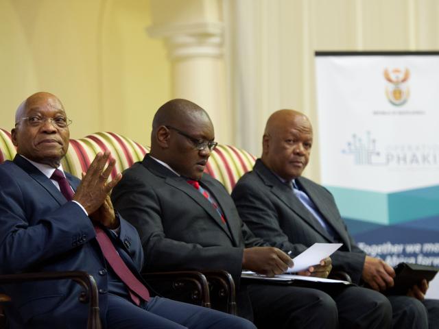 President Jacob Zuma at the launch of Operation Phakisa II in Pretoria in 2014, with Gauteng premier David Makhura sitting between Zuma and minister Jeff Radebe. Photo: Dept. of Communications