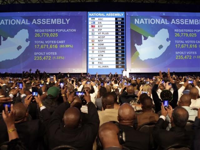 People react as electronic results boards reflect the number of National Assembly seats allocated to various political parties during the formal announcement of the National and Provincial Election Results at the Independent Electoral Commission (IEC